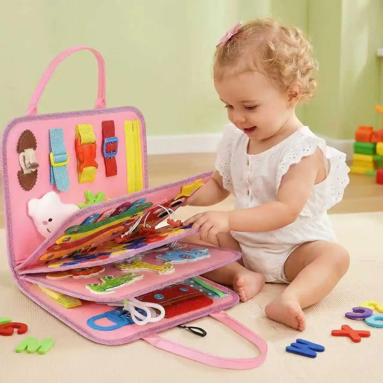 7IN1 Pink Felt Busy Board Educational Sensory Motor Skill Activity Developing Book Toddler Learning Cognitive Exercise Girl Toy