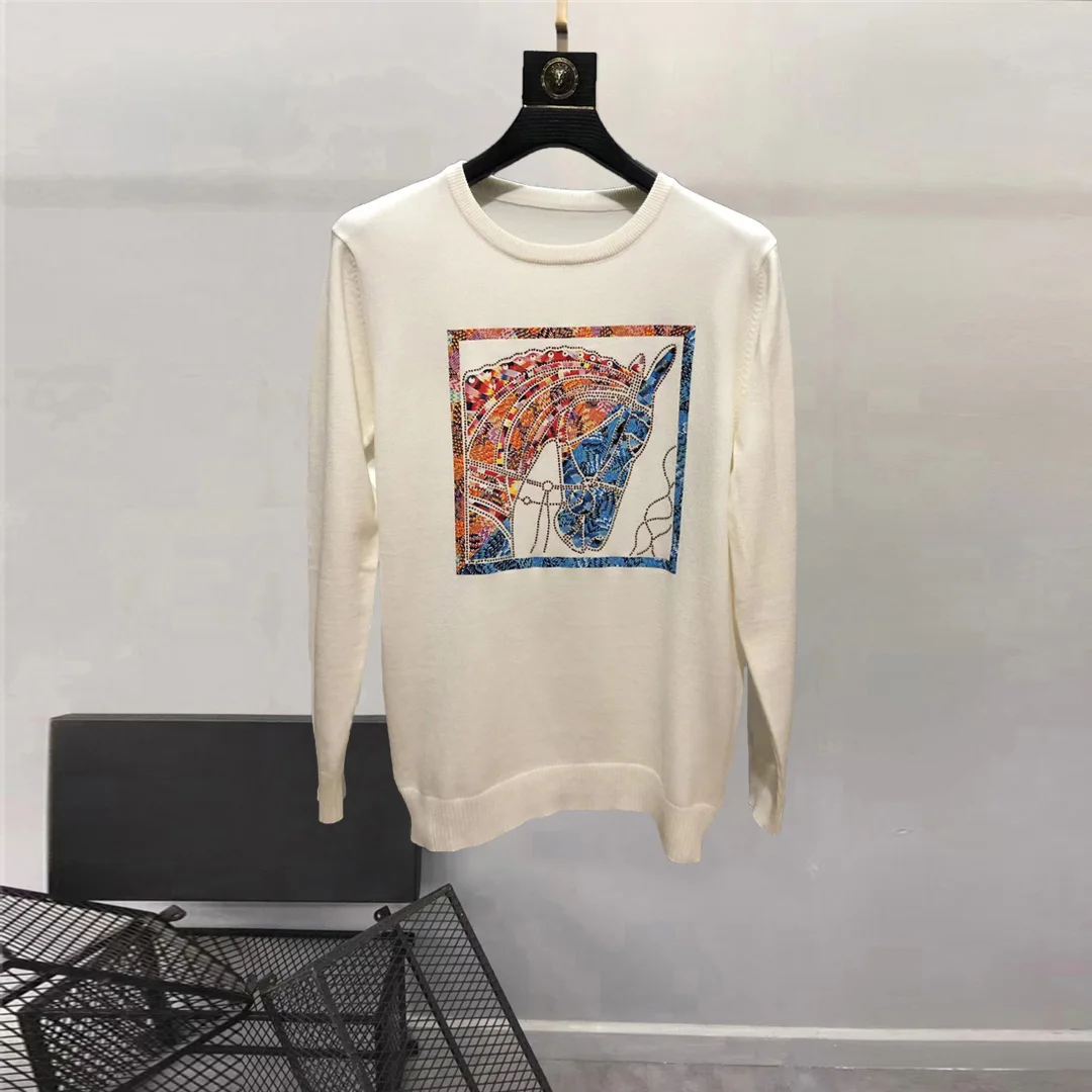 

European and American men's wear 2022 winter new style Long sleeve round collar horse hot drill printing Fashion knitted sweater