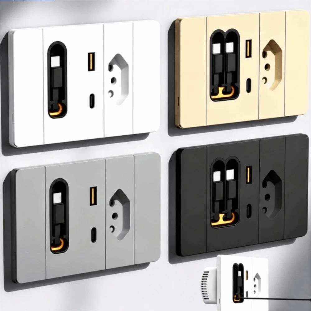 With Retractable Cable 118 Type Brazil Socket Panel Multi-hole Type-C Retractable Cable Socket 20W USB Fast Charging Brazil Type