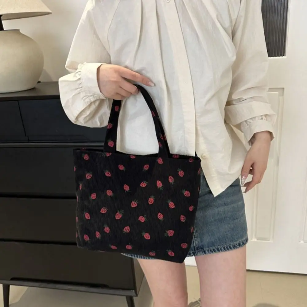 

Large Capacity Strawberry Tote Bag Korean Style Underarm Bag Women Shoulder Bag Shopping Bag Printing Corduroy Handbag Outdoor