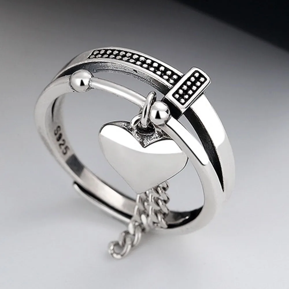 BF CLUB 925 Sterling Rings for Women Simple Geometric Handmade Irregular Retro Heart Tassel Ring Allergy For Birthday Gift