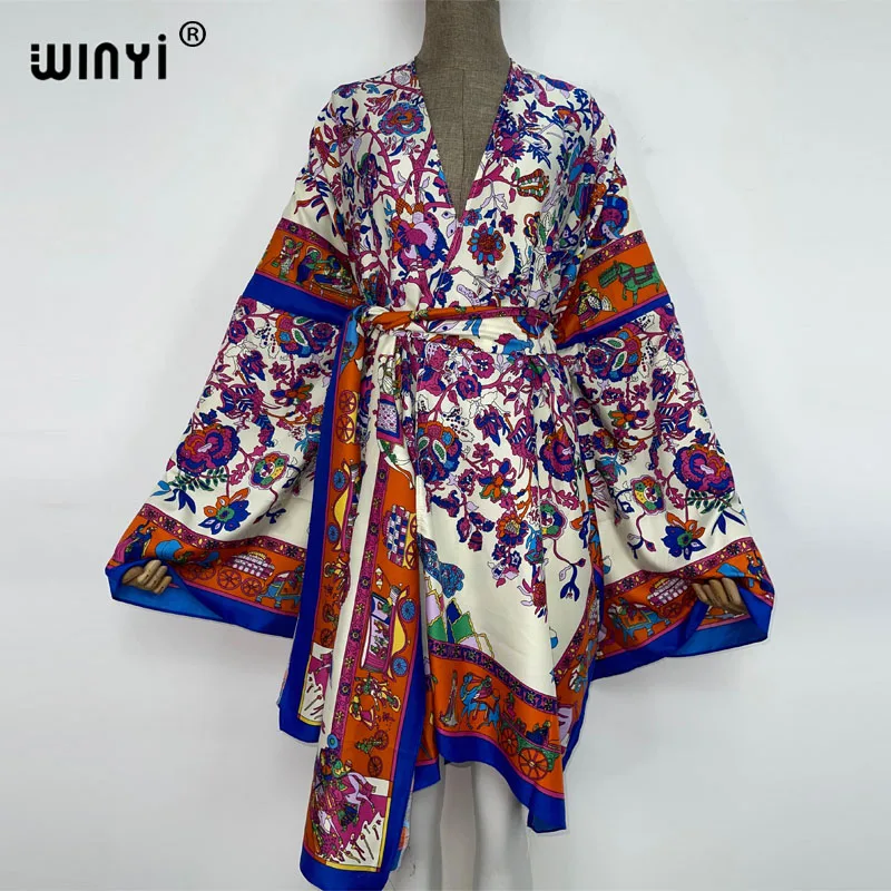 2022 WINYI Women beach swimsuit Cardigan Long Dress cover up Party Bohemia African blog Holiday long Sleeve Summer kimono Robe