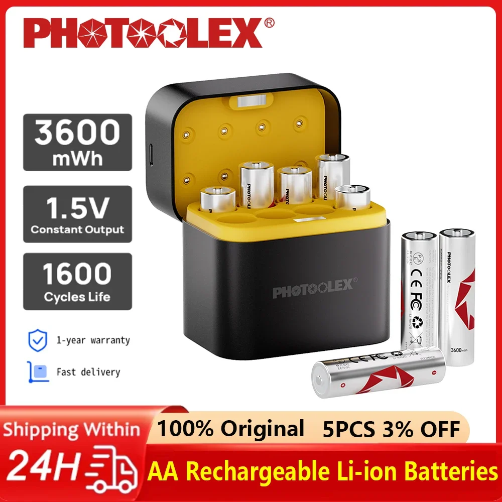 PHOTOOLEX 8-Slot 1.5V AA 3600mWh Smart Charging Compartment Lithium Battery Rechargeable Charger Set Large Capacity 1600 Cycles