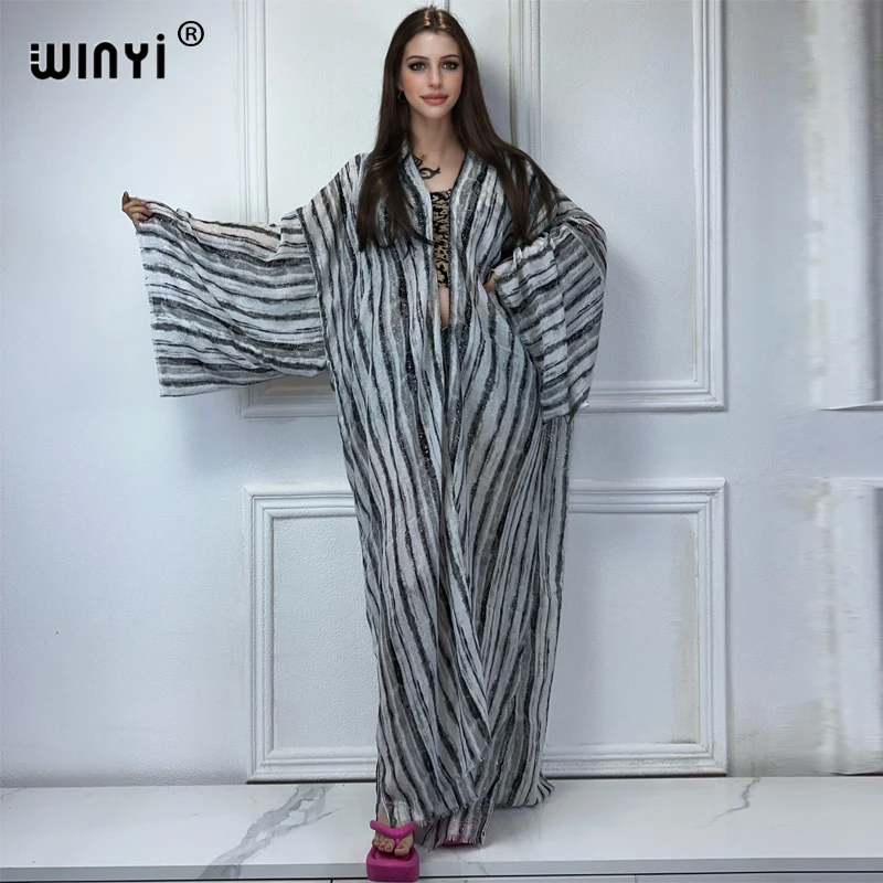 WINYI Kimono Women Summer Black and white bronzing print cardigan Female kaftan abaya dubai luxury beach Cover Up boho dress