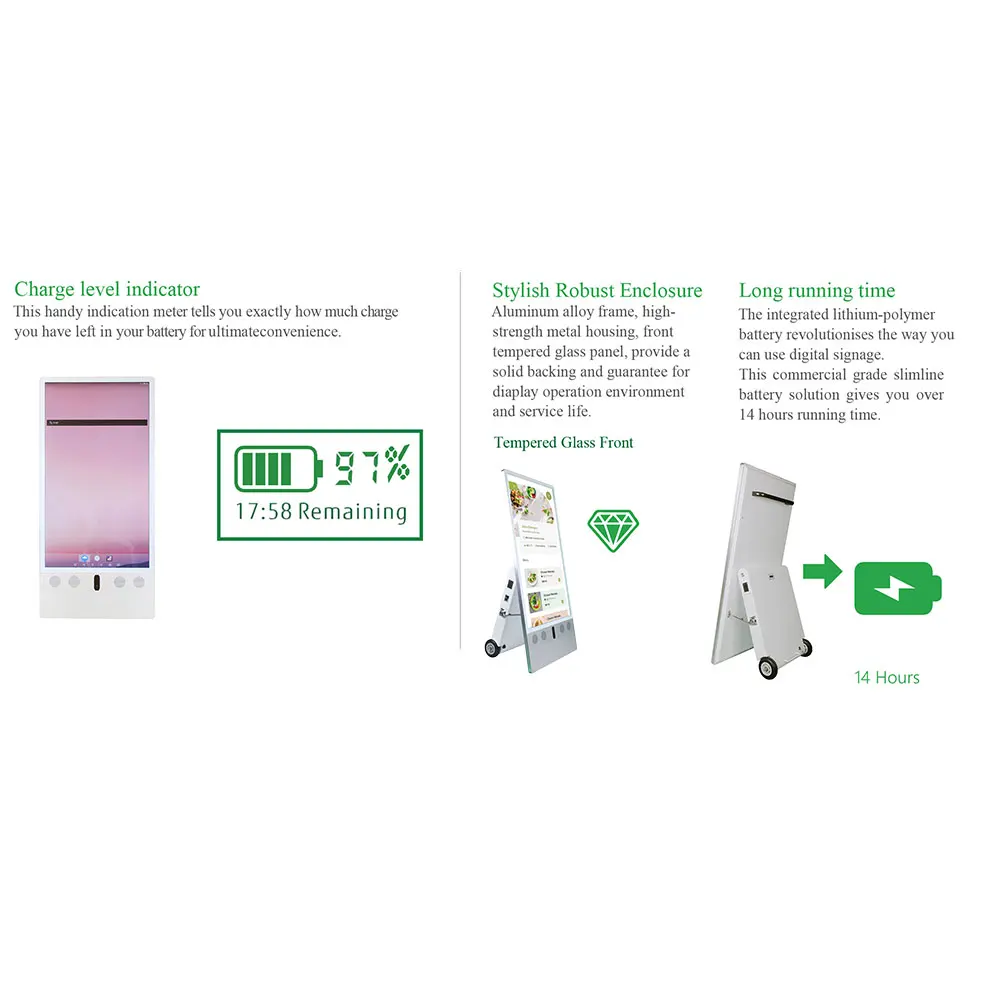 VETO في الهواء الطلق 32 43 55 بوصة ملصق رقمي مقاوم للماء IP65 سطوع عالية بطارية تعمل بالطاقة شحن لافتات رقمية محمولة