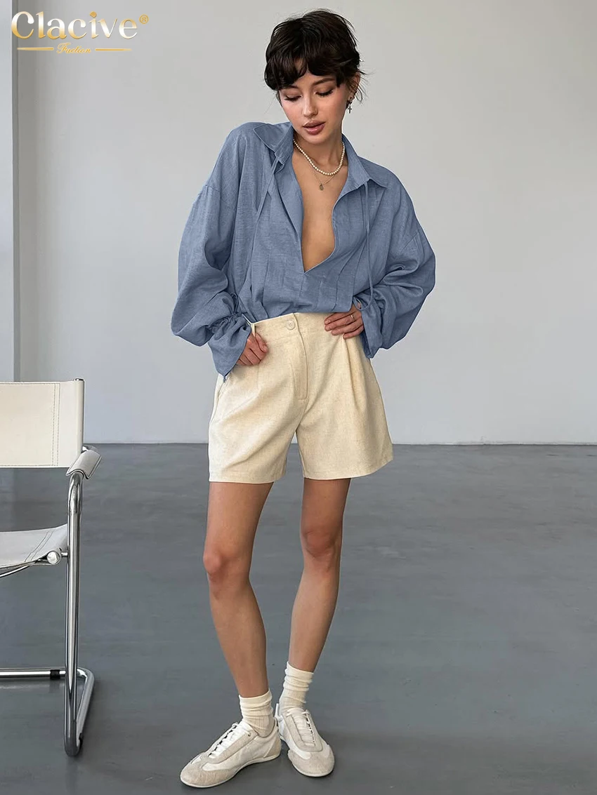Clacive Fashion Loose Blue Women's Shirt 2025 Sexy Lapel Long Sleeve Shirts Lady Elegant Classic Lace-Up Tops Female Clothing