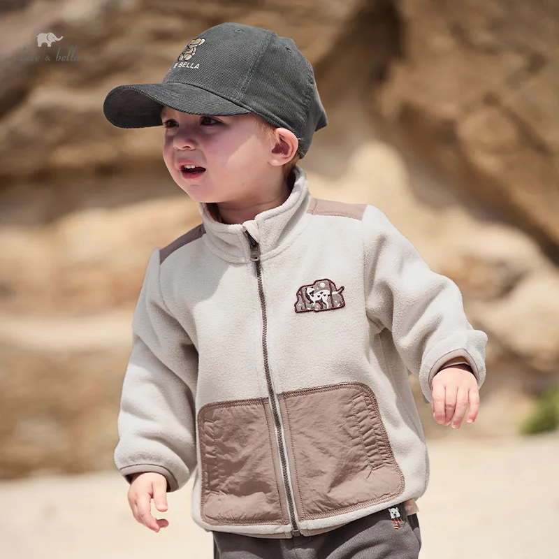 Dave Bella 2024 Autumn Children Boy Fleece Jackets Casual Warm Beige Kid Boy Tops Soft Stand Collar Boy Coat DB3242032