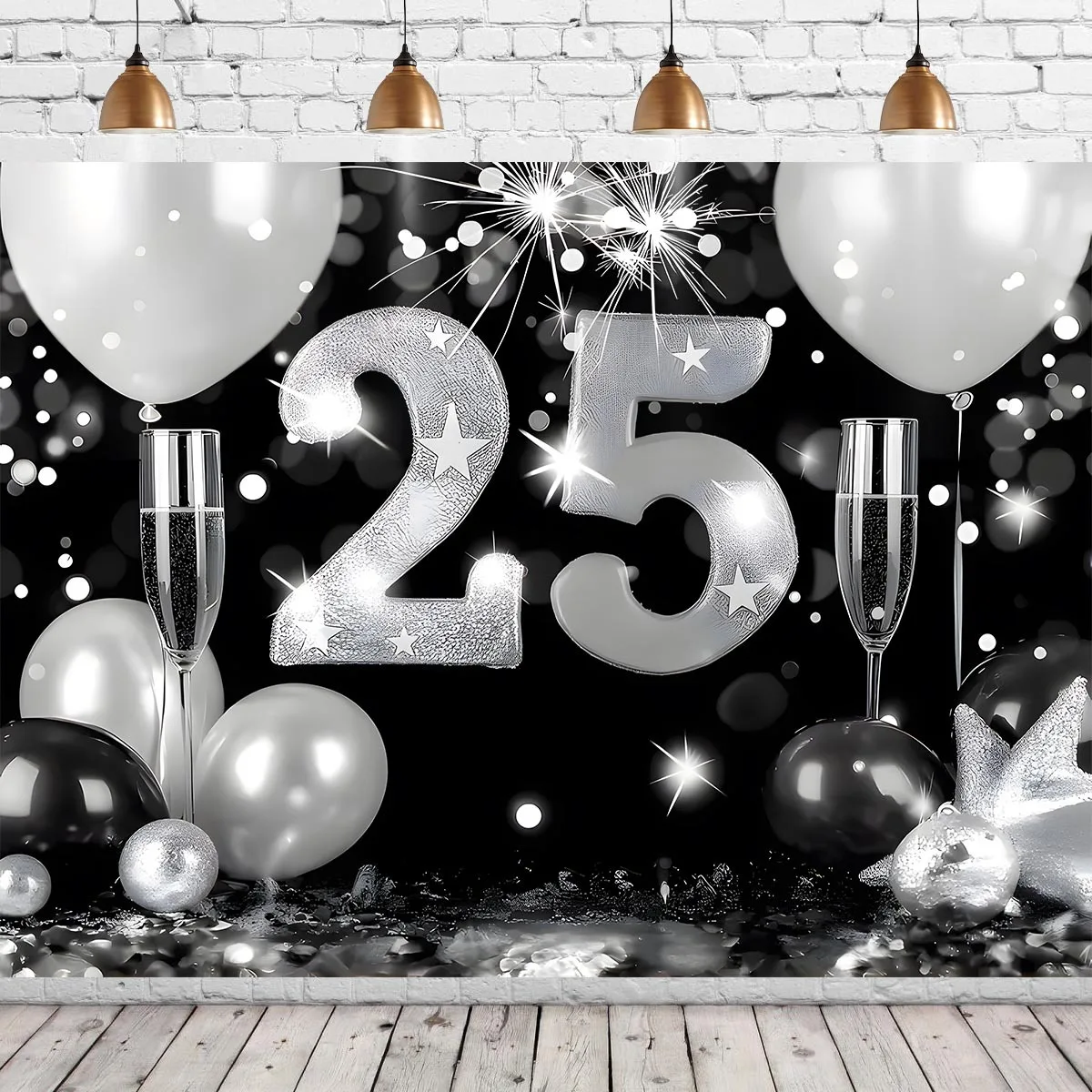 1 pieza elegante negro y plata 25 aniversario boda telón de fondo Banner fotografía pared-S