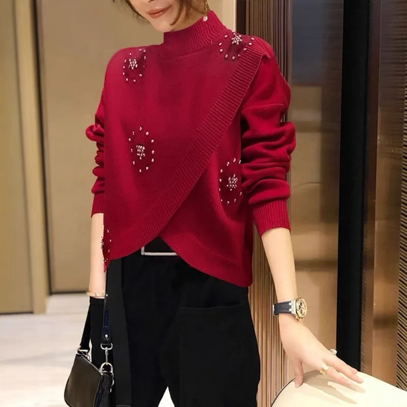 Early Spring Women\'s Red Knitted Loose Sweaters Casual Loose Chic Vintage Pullovers Female Top Pearl Elegant Fashion Knitwear