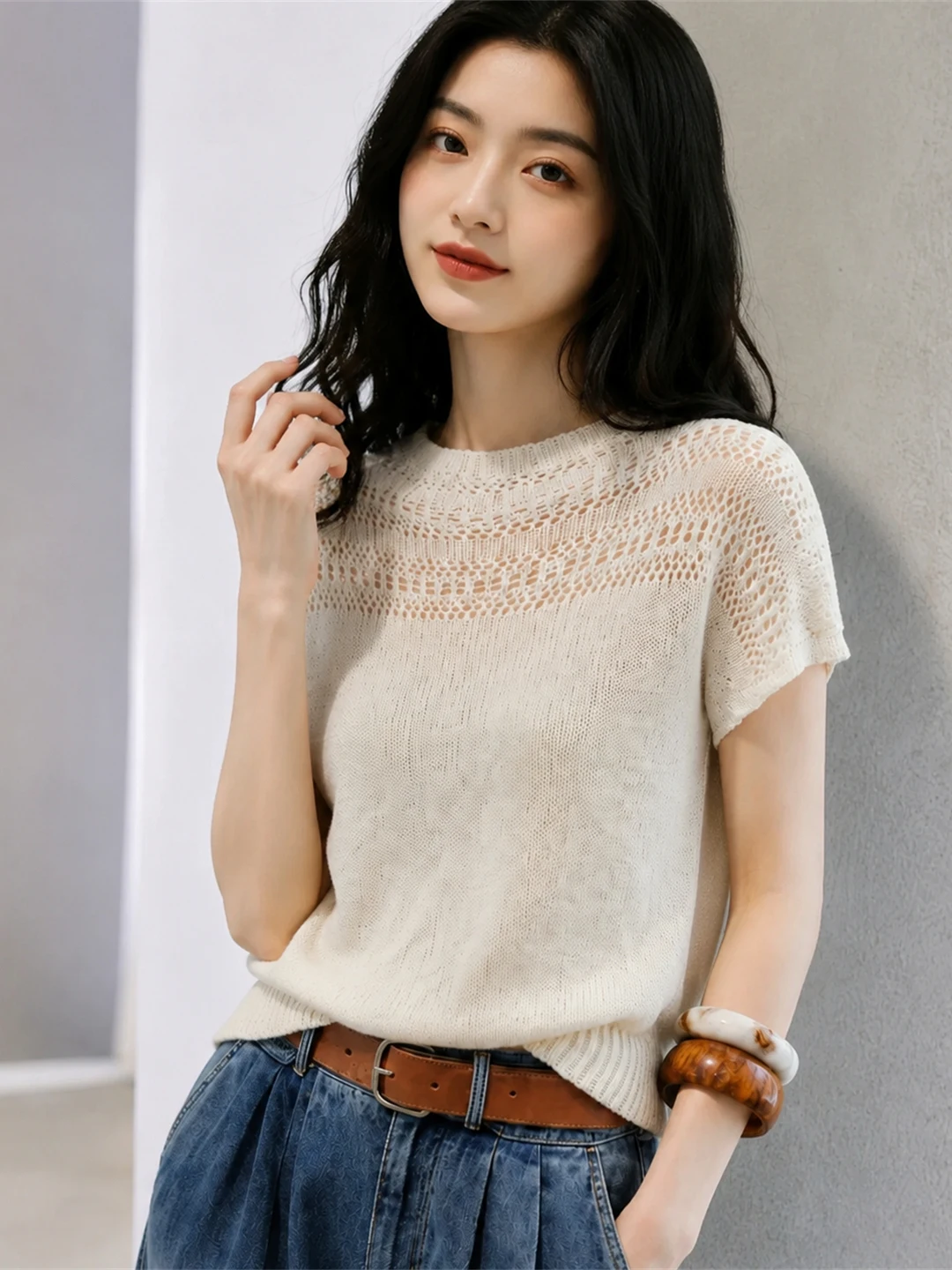 Elegant Hollow out Knitwear Ice Silk Short Sleeve Women's Fashion Design Summer Top Age Reduction Straight Cut Soft Material
