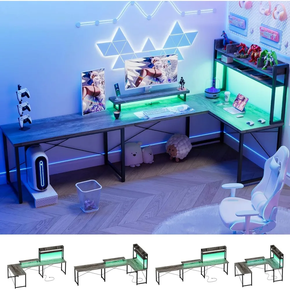 

DIY U Shaped Computer Desk with Hutch, Reversible L Shaped Office Desks with Power Outlets and LED Strip, Customizable L