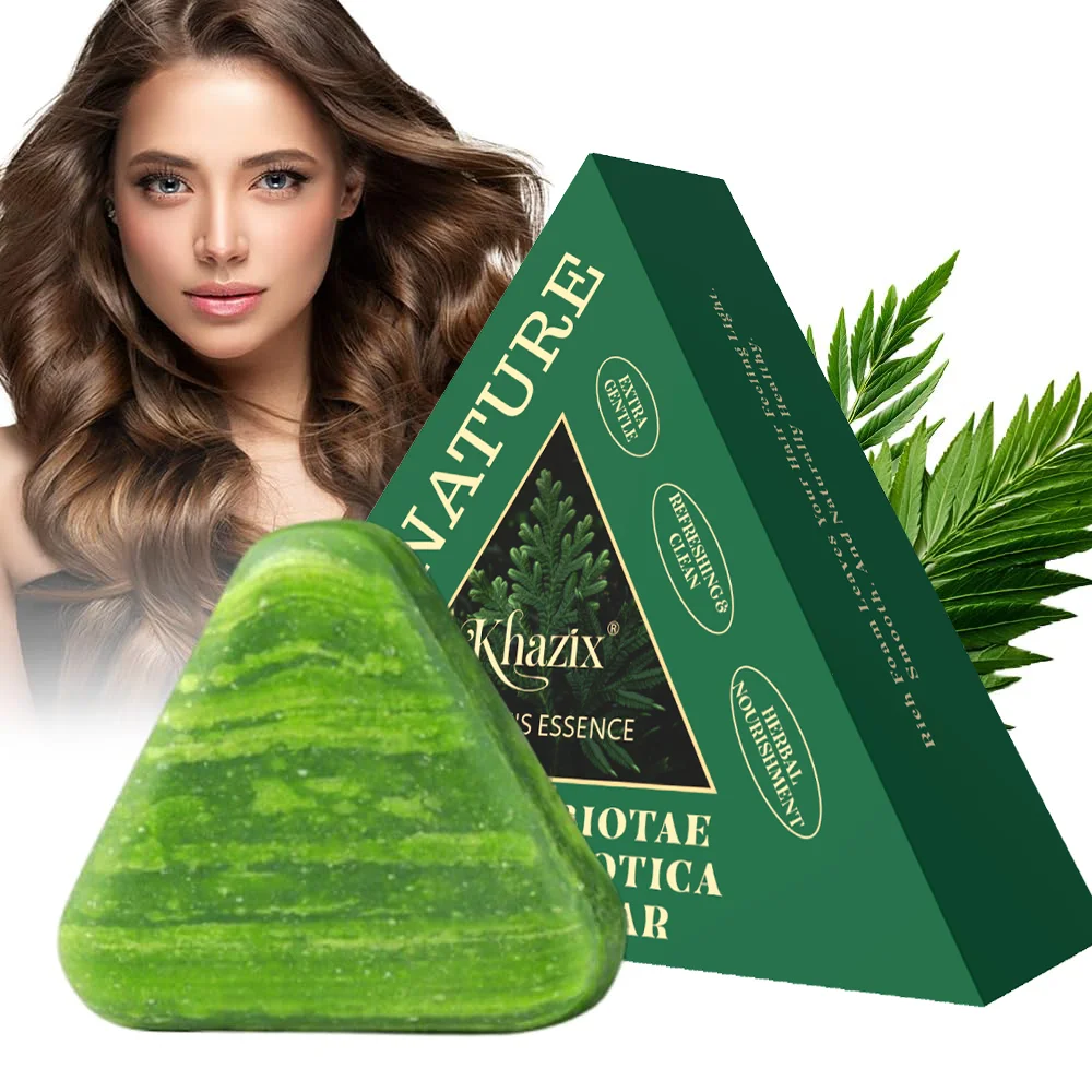 Barre de shampoing au savon triangulaire vert avec herbe Usman-barre de shampoing solide en feuille de cipprès naturel pour soins capillaires à base de plantes naturelles, apaisant