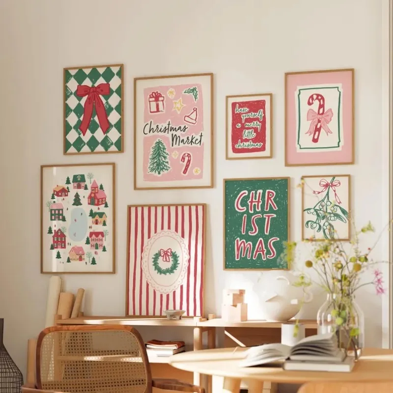 Juego de 3 uds de arte de pared de lienzo sin marco de galería de Navidad clásica, arte de pared de vacaciones de Navidad de moda, impresiones navideñas caprichosas