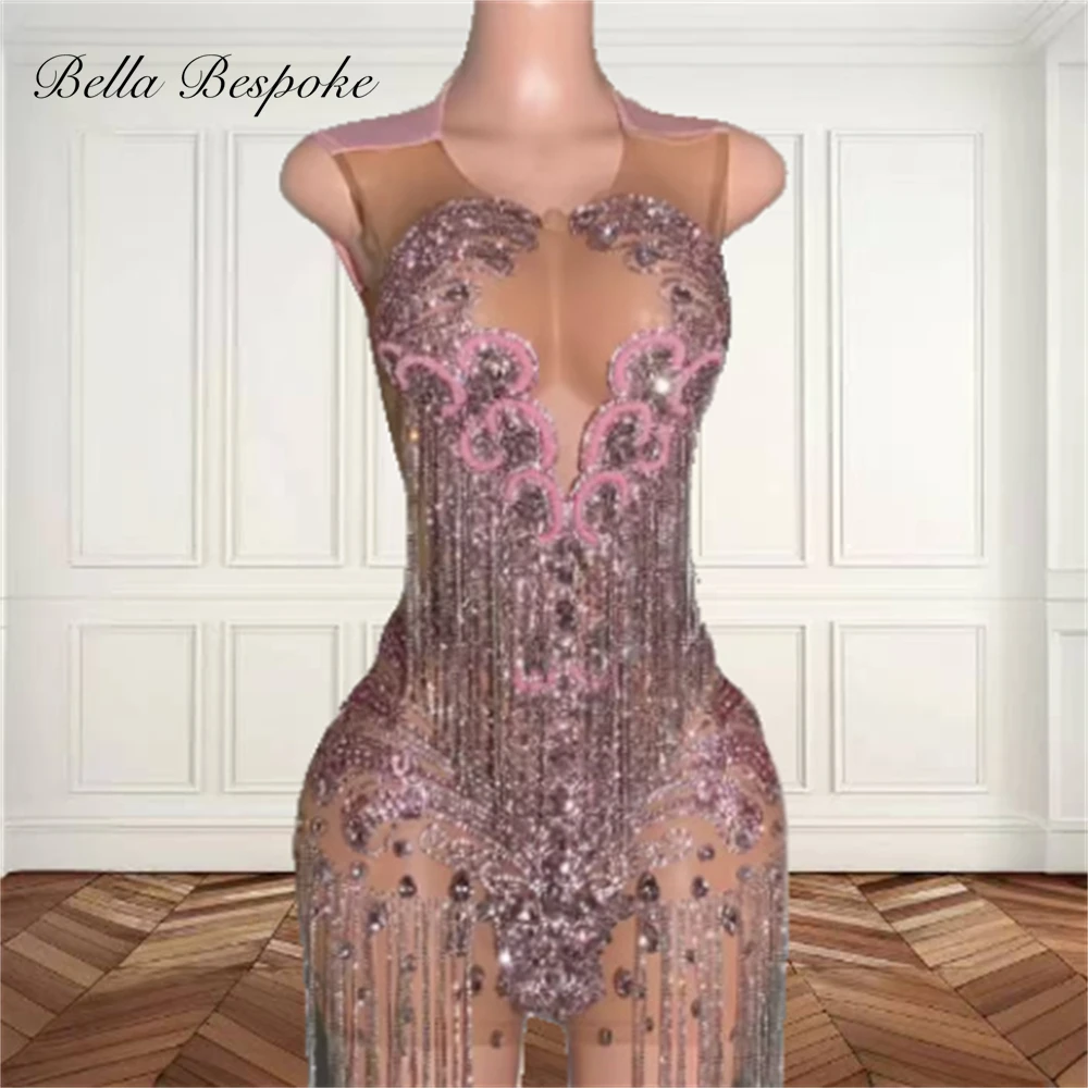 

Pink O Neck Short Prom Dresses For Black Girl Bead Crystal Rhinestone 2024 Birthday Luxury Dress Tassel Mini Cocktail Customized