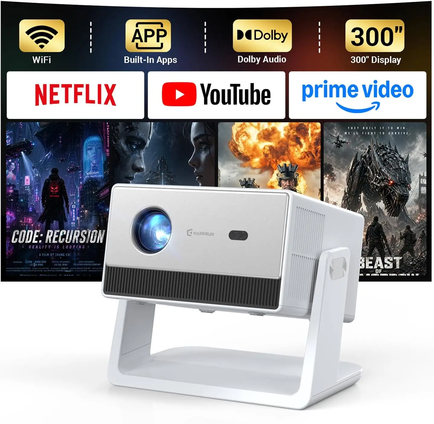

1500 ANSI Smart Projector, Portable Projector with WiFi and Bluetooth, 4K Full HD Home Theater with 270° Stand, Dolby Sound