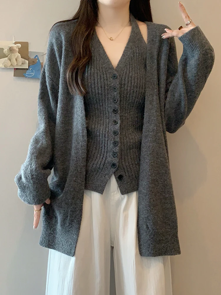 

Свободный вязаный кардиган с V-образным вырезом и длинными рукавами для женщин, комплект из свитера и кардигана, повседневный, осенне-зимний, новинка, элегантный стиль