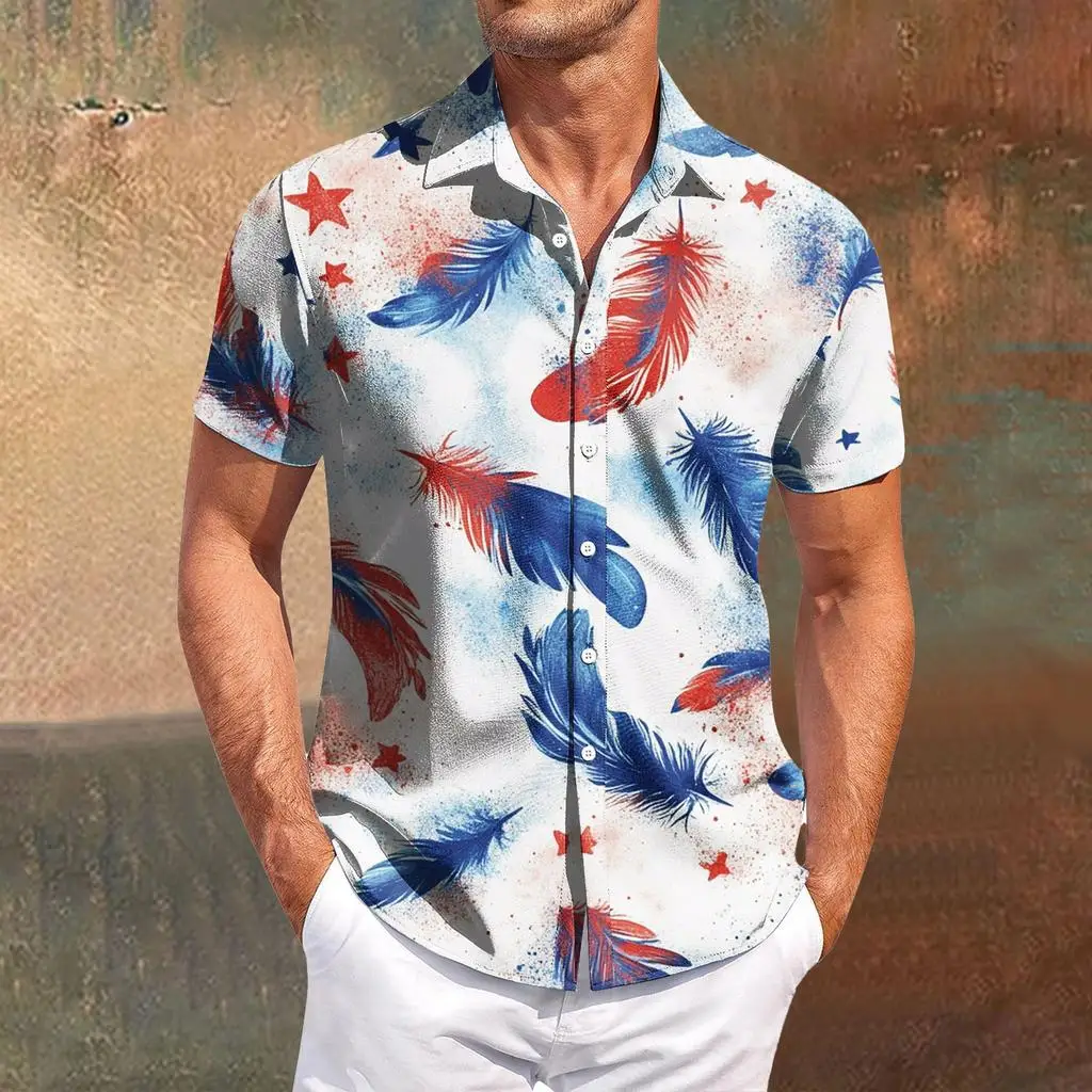 Men's Spring Summer 3D Printed Lapel Shirt, Navy Base Red White Rooster Five Point Star American Retro Street Top