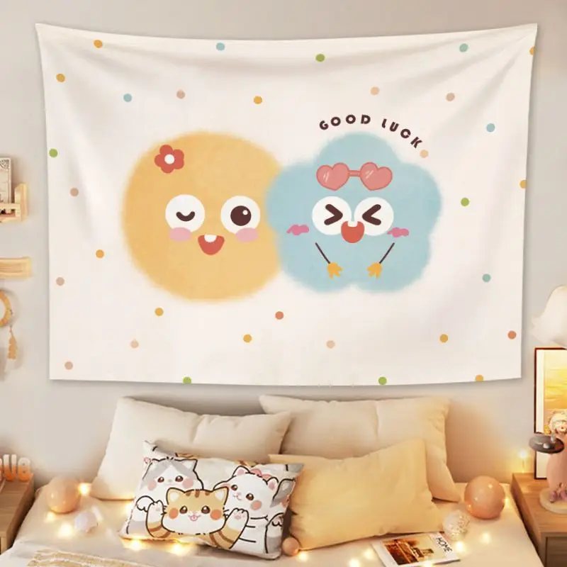 VIKAMA Colorful Hairball Elf Tapestry, GOOD LUCK Cartoon Wave Point Warm Wall Hanging for Bedroom Living Room Dorm Decor