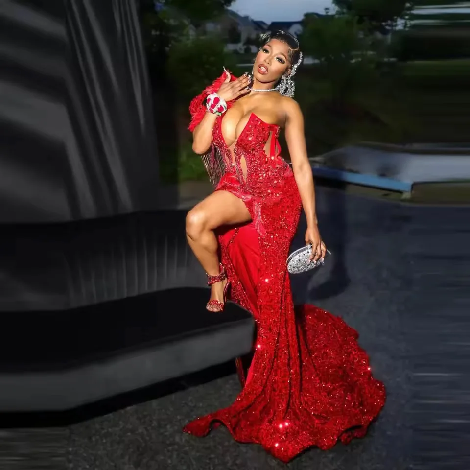 Red Aso Ebi Prom Dresses Luxury Mermaid Beaded with Feathers Sexy High Slit Birthday Dress Formal Occasion Party Evening Gowns view 2