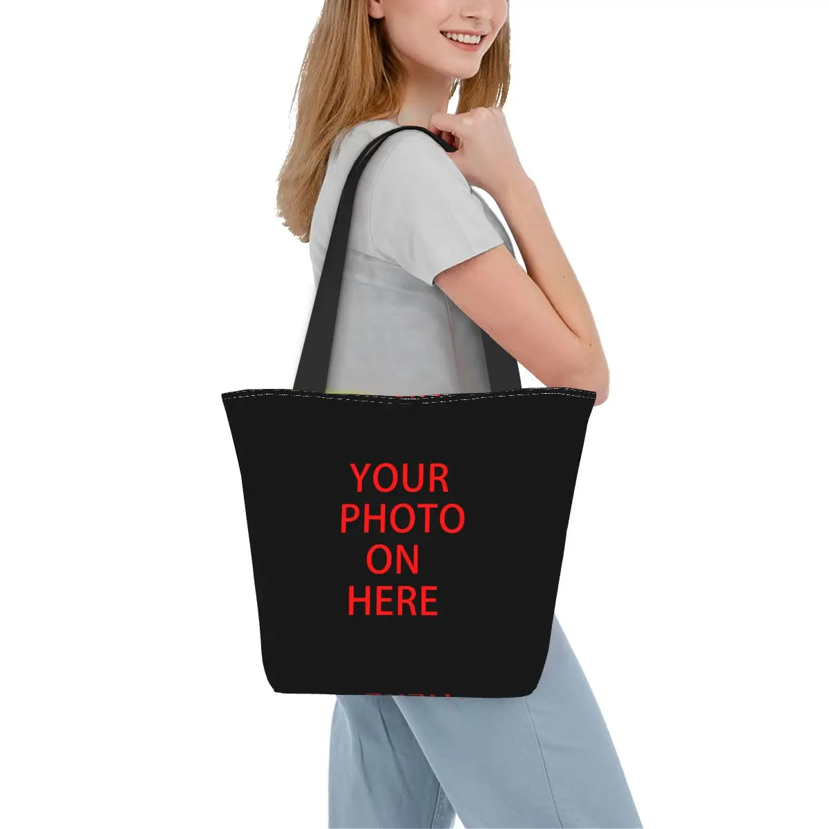 Custom DIY Logo Shopping Bags Print Canvas Shopper Tote Shoulder Bag Big Capacity Durable Customized Photo Print Handbag