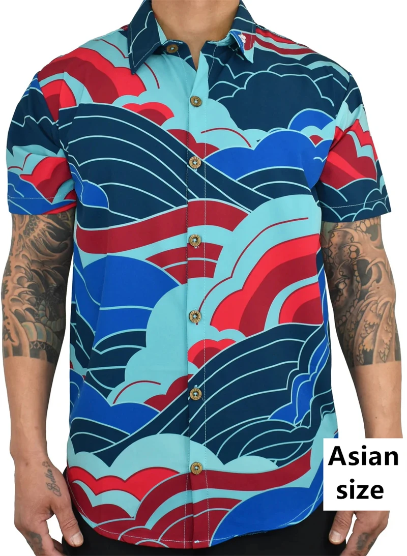 Japanese Style Vacation Shirt 3D Print Sea Wave Pattern Novelty Casual Shirts Men Short Sleeve Y2K Fashion Oversized Clothing