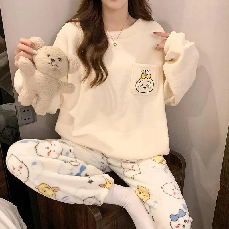 حار Kawaii Usagi Chiikawa النساء ملابس خاصة أنيمي الكرتون منامة السراويل الحبيب فتاة Homewear طالب الشتاء الدافئة ملابس خاصة