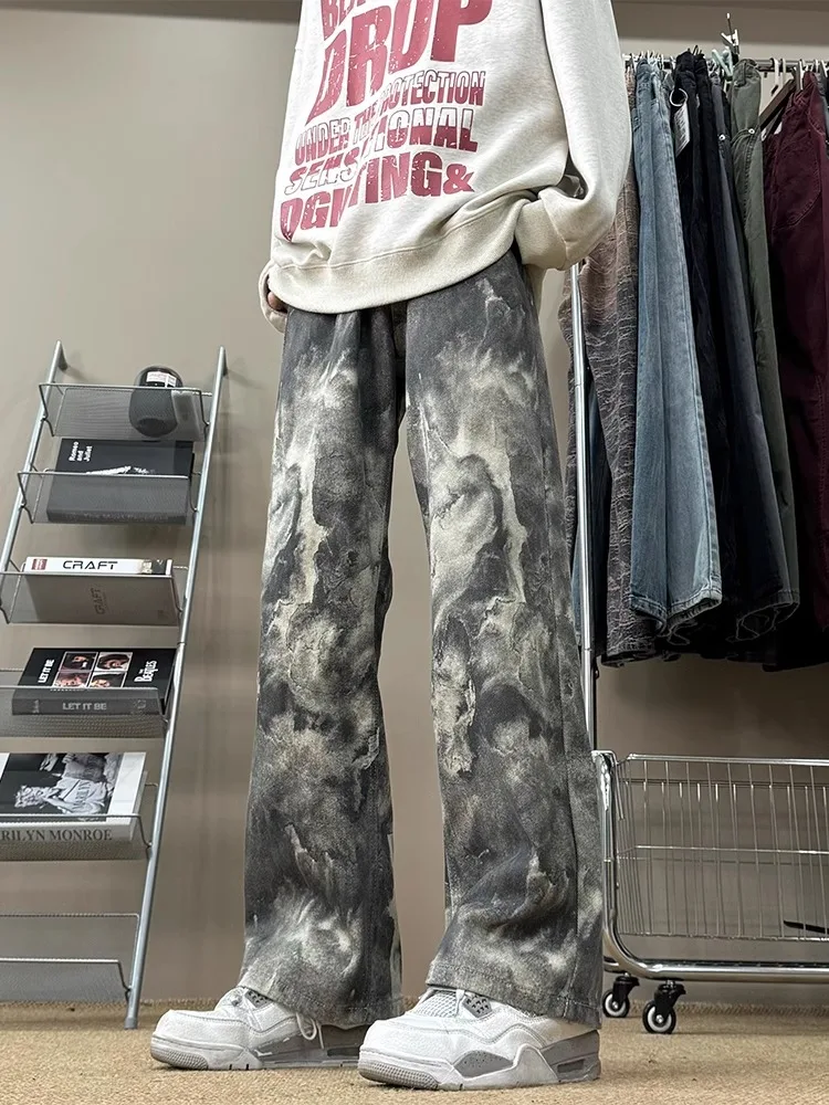 Cleanfit Men's Camouflage Dyed Denim Jeans Bla Loose Wide Leg Straight Cut Spring Autumn New Chinese Sle Youth Faion
