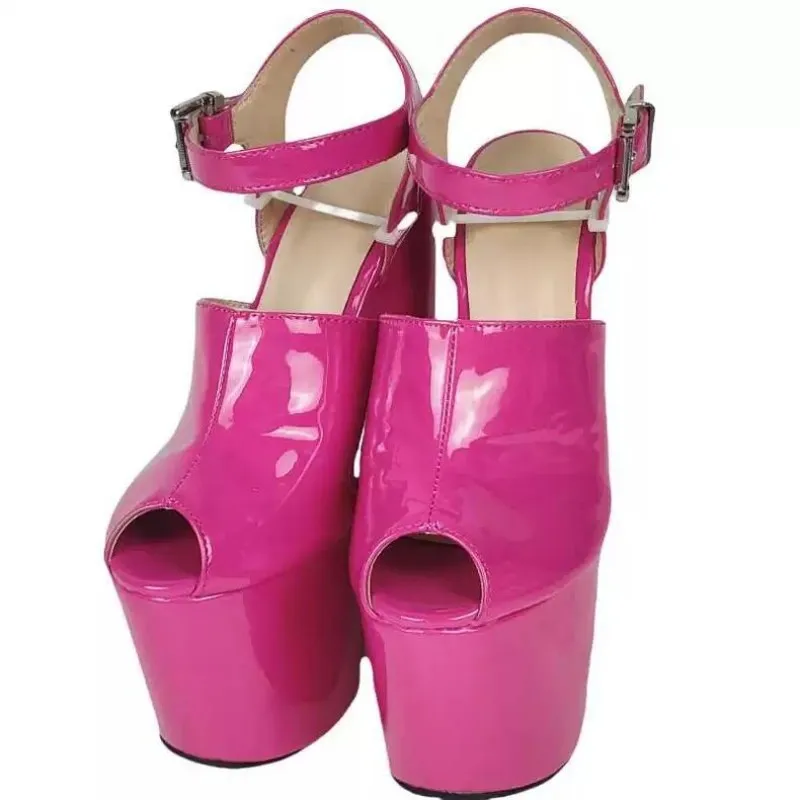 

SHOFOO Fashionable women's high-heeled sandals Rose red patent leather high-heeled sandals About 18cm heel height Ankle buckle