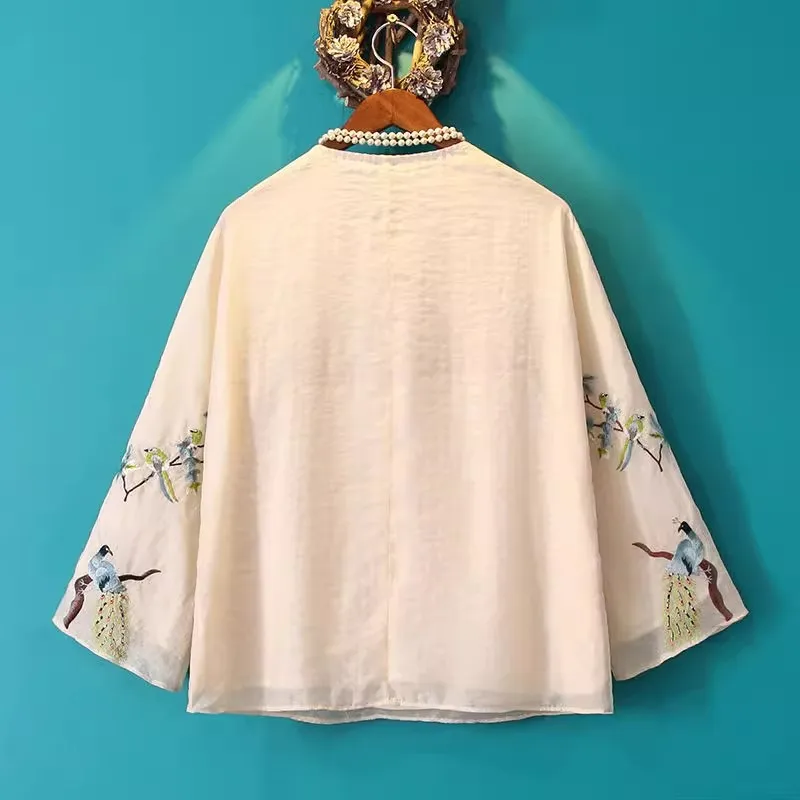 الأزهار المطرزة البلوزات النساء طويلة الأكمام خمر القمصان النمط الصيني الرجعية مشبك القمم