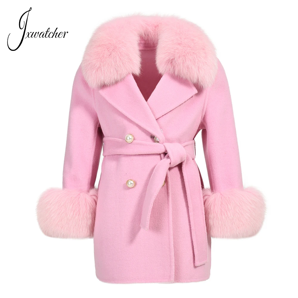 Winter Kids Girls Cashmere Coat Real Fox Fur Collar Cuffs Autumn Warm Wool Coat Overcoat Cute Bow Child Wool Jacket Clothes