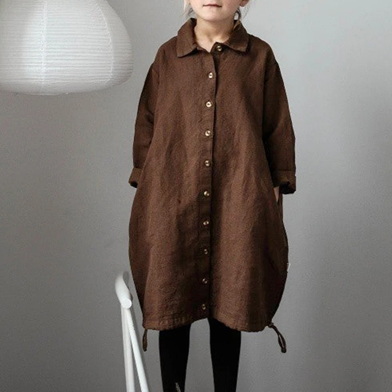 Autumn Retro Brown Cotton Linen Girls Dress 2024 New Baby Girl Lapel Button Hem Drawstring Shirt Dresses