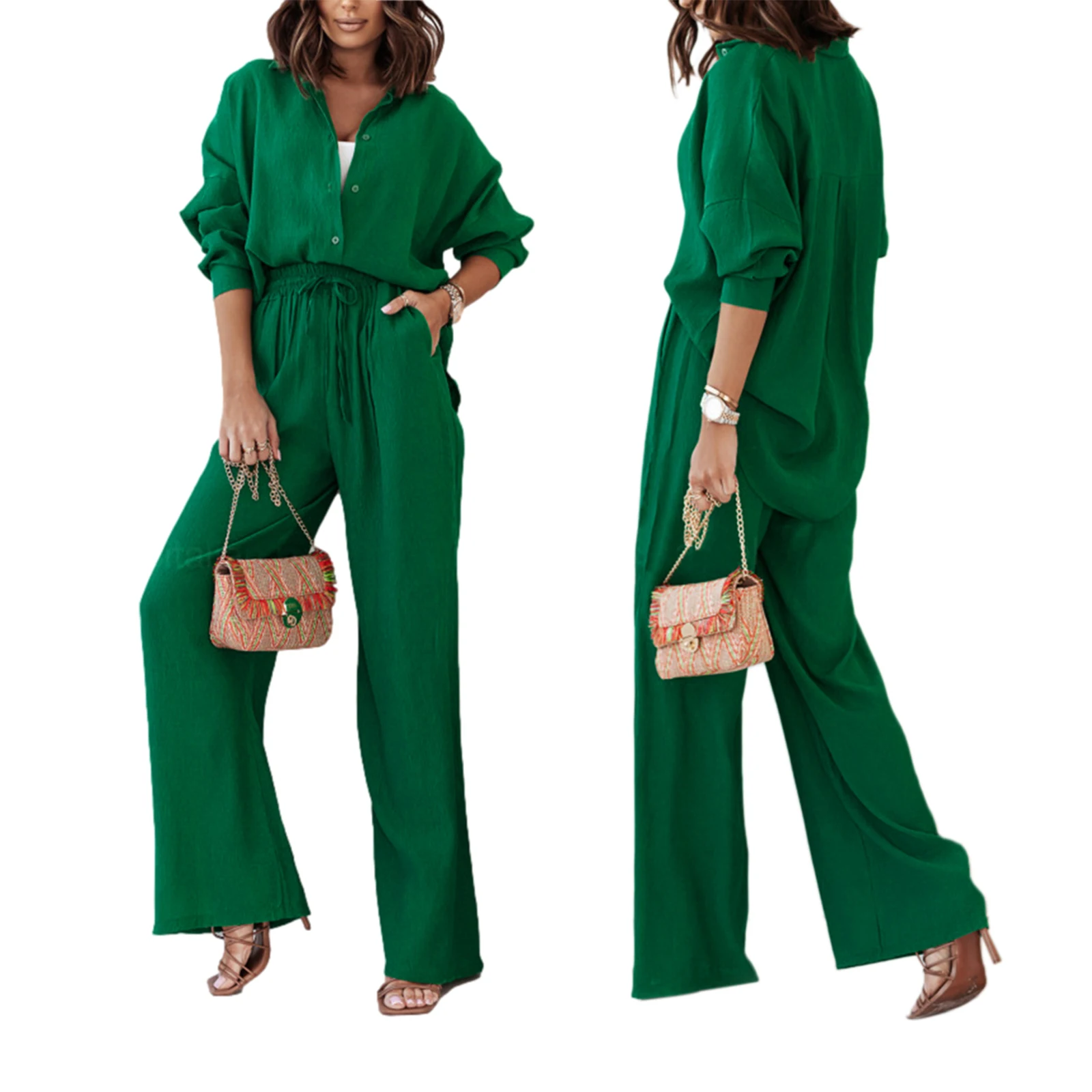 Women Spring 2 Pieces Outfits, Solid Color Turn-Down Collar Long Sleeve Shirts + Wide-Leg Loose Long Pants Set