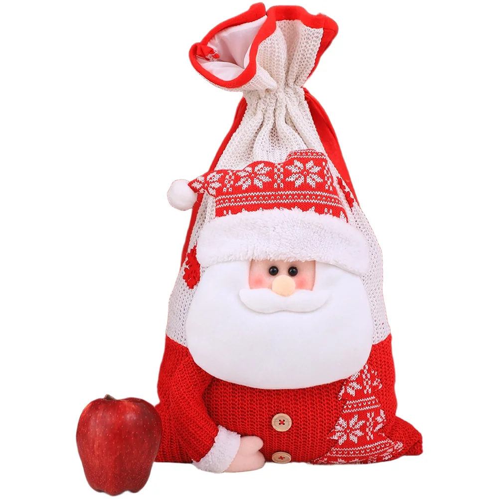 

Вязаная флисовая рождественская сумка на шнурке, предназначенная для конфет и небольших украшений снеговика и праздничных украшений Санта-Клауса.