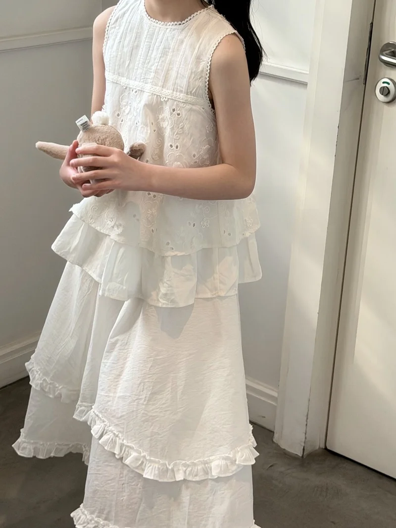 pola-fanxi-t-shirt-d'ete-pour-filles-chemise-sans-manches-a-bordure-en-dentelle-demi-jupe-vetements-pour-enfants-style-coreen-coupe-ample-respirant