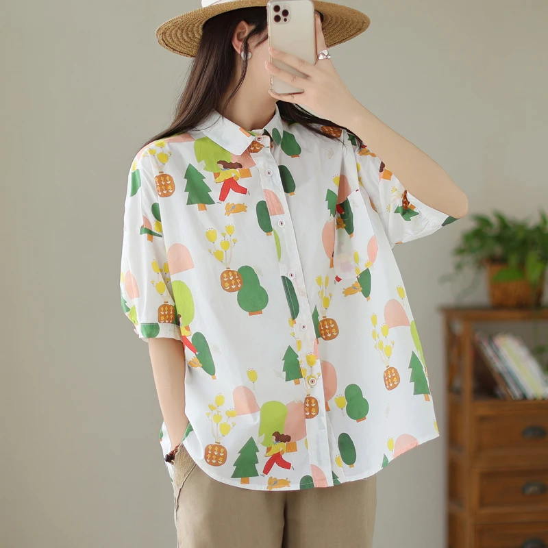 Verano artístico suelto ajuste ort Sve puro algodón impreso Casual irt mujer dulce Sle tubo recto Top abotonada Cardigan