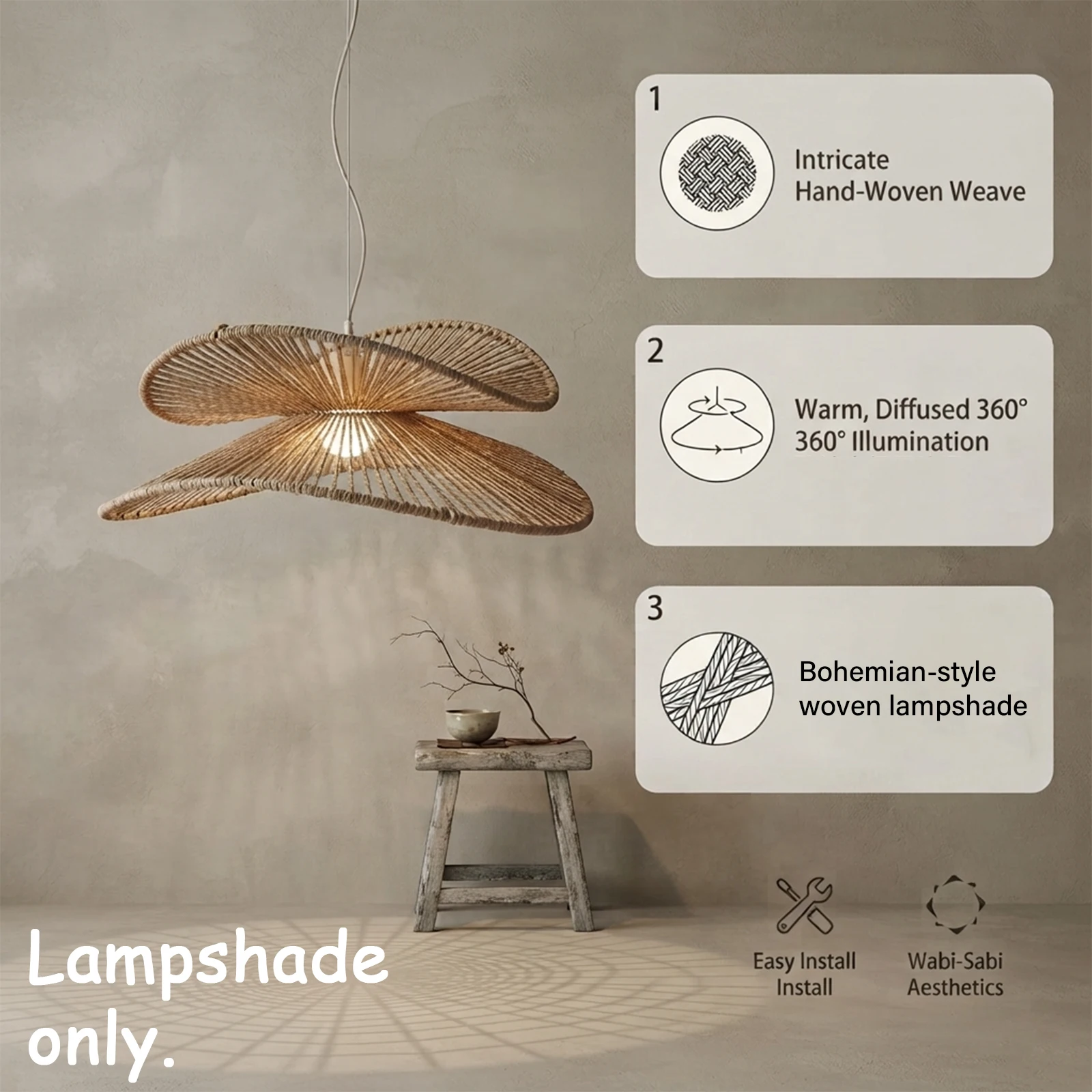 Natural Woven Rope Lamp Shade, Ruffled Wavy Hat Disc Cover for Pendant Light Bedroom