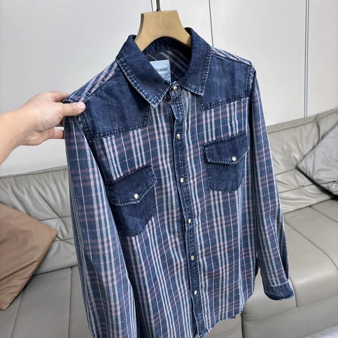 

Retro Waed Denim Patchwork Men's Outdoor Casual Sle Long Sve Cotton irt Stand Fit Leisure Faion Urban Series