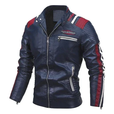 Maidangdi Herren Motorrad Stil Leder High Neck wind dicht gestreifte bestickte Jacke Kunstleder Pu Material