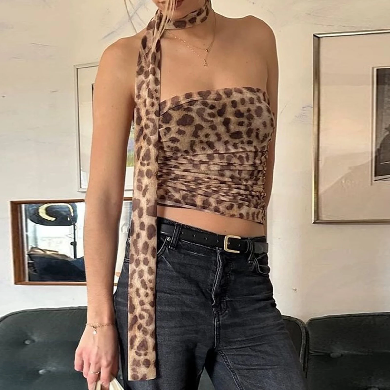 Damen Crop Tube Tops Sommer Camis Leopardenmuster Geraffte Bandeau Weste Rückenfreie Hemden und Schal Set für Streetwear Y2k