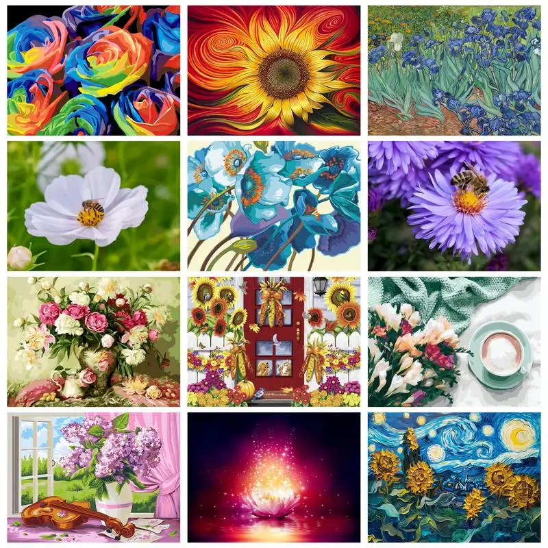 PhotoCustom Sunflowers Painting By Numbers For Adults Coloring On Numbers Starry Sky Gift Picture Drawing Paint Kit Diy Crafts 4