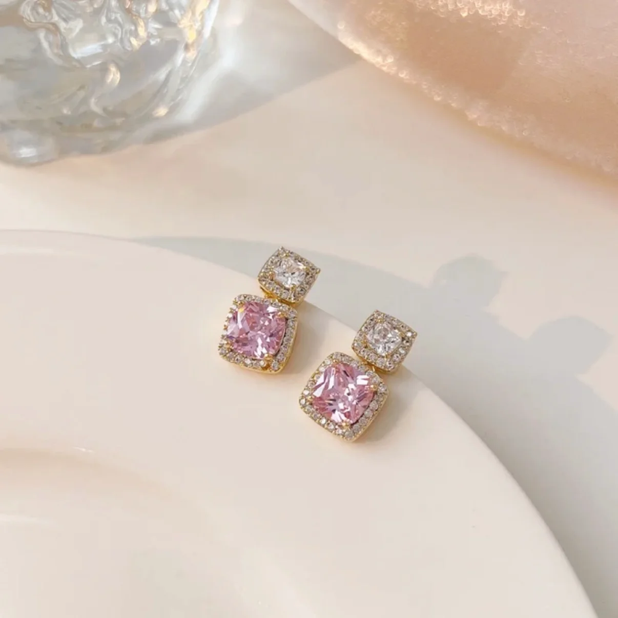 vintage delicate square olive green zircon stud earrings summer fresh girl geometry sugar cube jewelry