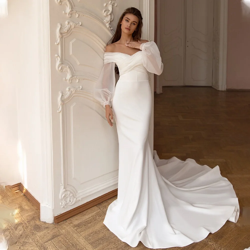 

Elegant Off The Shouler Pleat Sweetheart Sheath/Mermaid Wedding Dresses Detachable Puff Sleeves Sweep Train Custom Made 2023