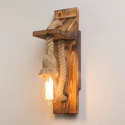 Hemp Rope Retro Wood Wall Lamp E27 Edison Bulb for Bar Loft Corridor Aisle American Decorative Wall Light Fixture Sconce 85-265V