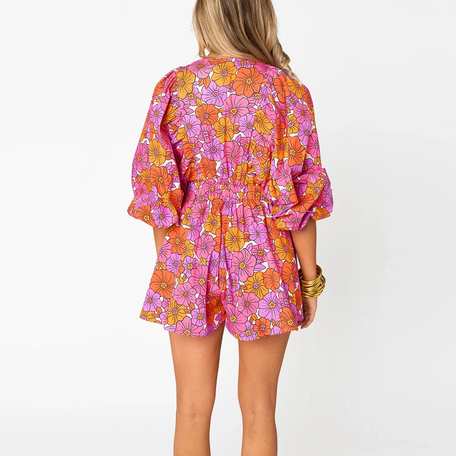 Combhasaki Zomer Boho Korte Jumpsuit Puff Lange Mouw Diepe V-Hals Streep/Bloemenprint Wijde Pijpen Gegolfde Flare Playsuit