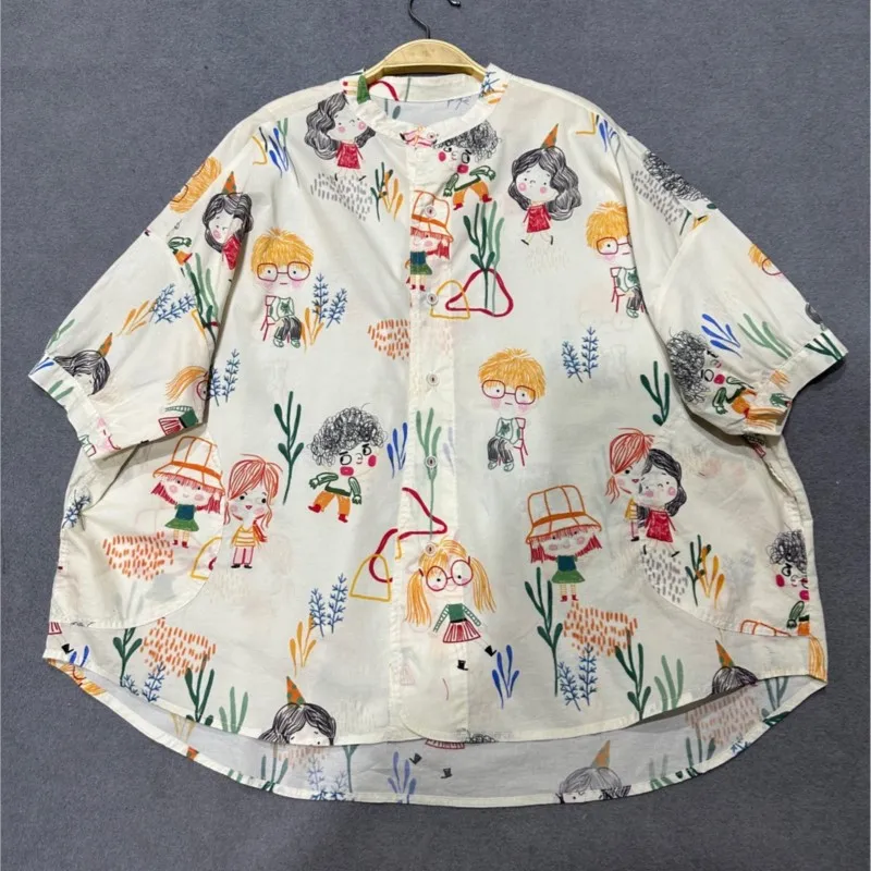 Johnature Japanese Cotton Fashion Cartoon Summer New Thin Harajuku Short Shirts Women 2024 Casual Simple Loose Print Tops Blouse