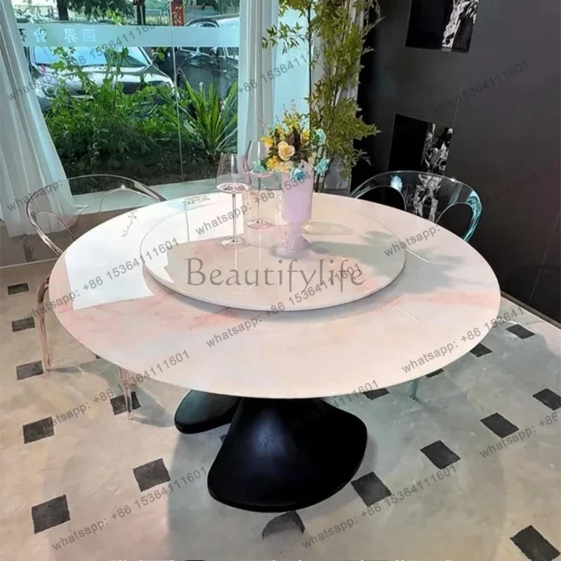 

yj19 Pink Luxury Stone Round Table Italian Light Luxury Rose Rainbow Natural Marble Modern Simple Round Dining Table