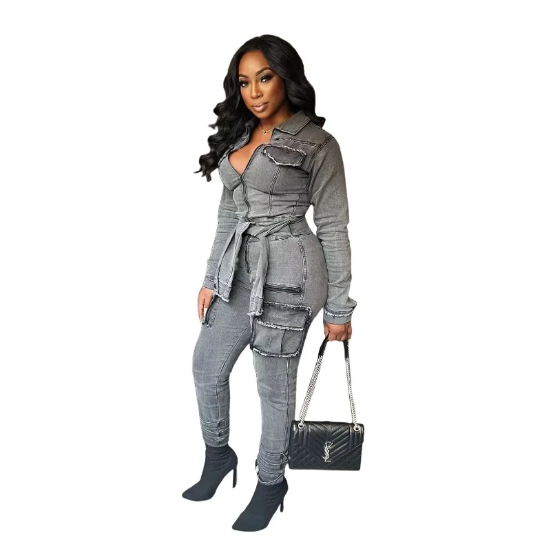 Women's Fashion Elastic Slim Waist Belted Jumpsuit In New Cowboy Style With European And American Trends