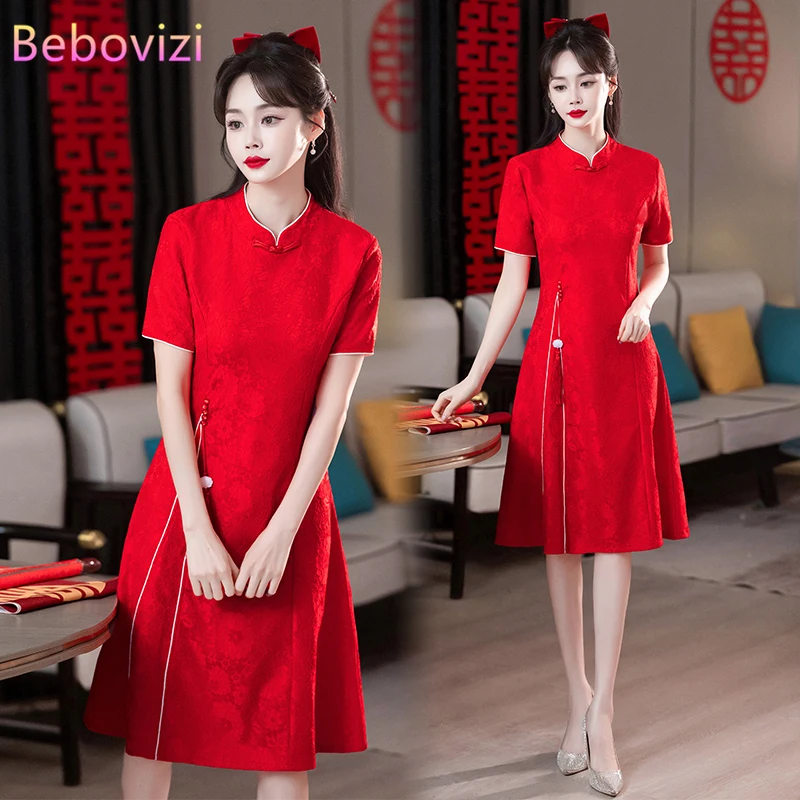 

Modern Improved Cheongsam Chinese Traditional Red Young Wedding Qipao Dress New Year CNY