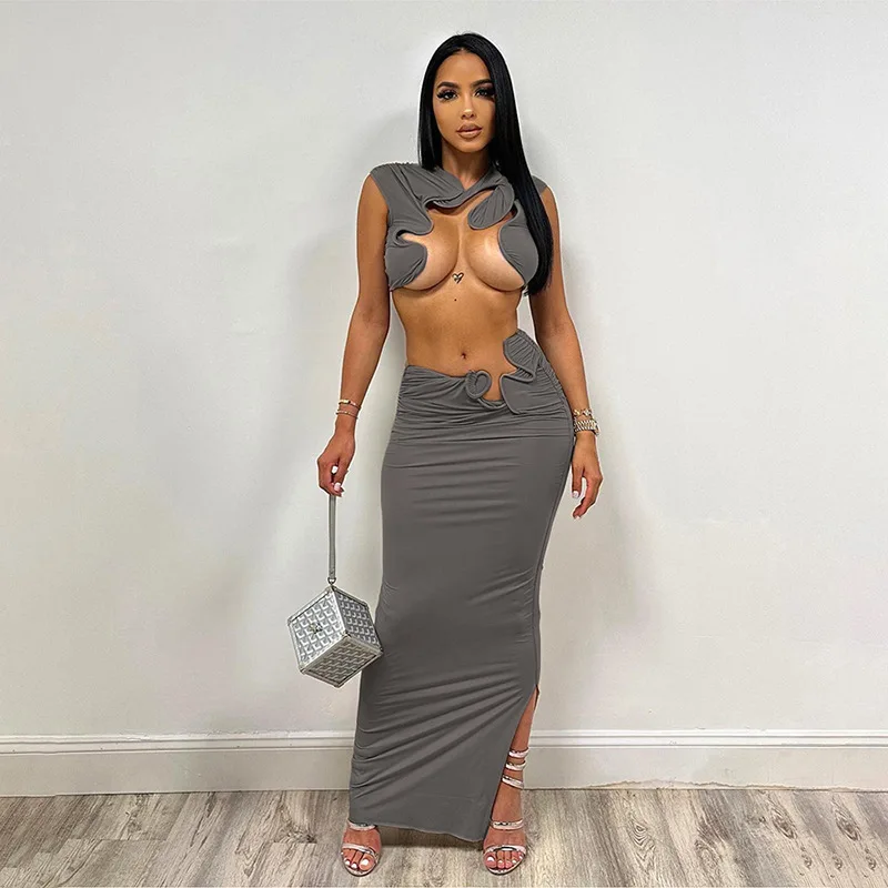 Sexy Summer 2 Piece Set Women Chic Irregular Mini Tank Tops+Long Ruffles Skirts Solid Elastic Matching Clubwear Suits