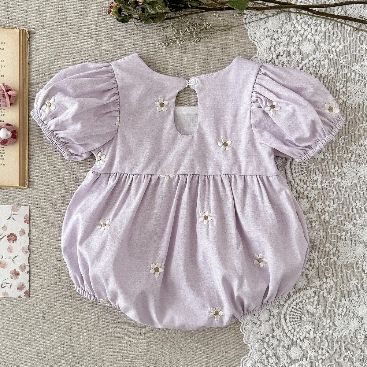 Baby Girls Clothes Baby Clothes Summer Purple Embroidery Bodysuit Cute Style Bubble Sleeve Triangle Jumpsuit Suitable for 0-18M